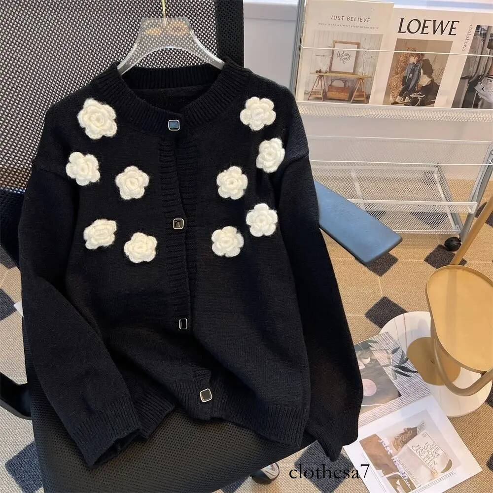 Women's Knit Cardigan Black Sweater With Flowers
