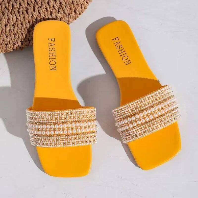 Pearl Decorated Round Headed Flat Bottom Women's Slippers 2025 Summer Casual Simple Versatile Open Toe Comfortable Sandals