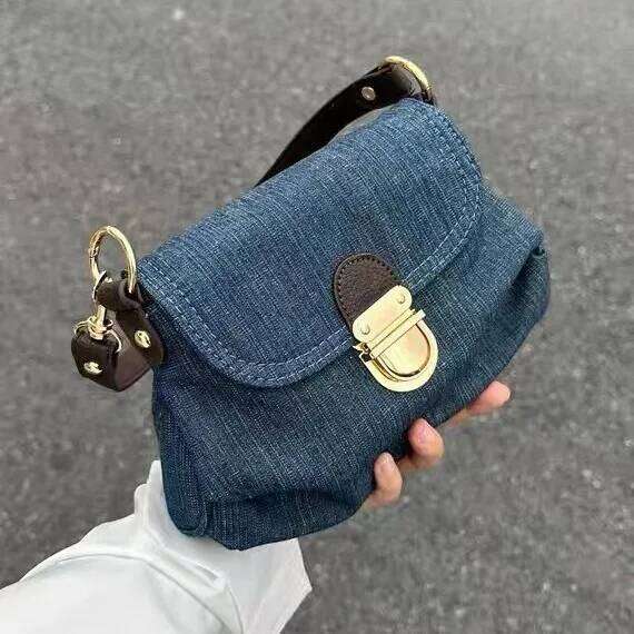 Retro Color Block Shoulder Trendy Women Crossbody Bag Vintage Distressed Denim Buckle Foldable Handheld Purse QIBALIANGPIN
