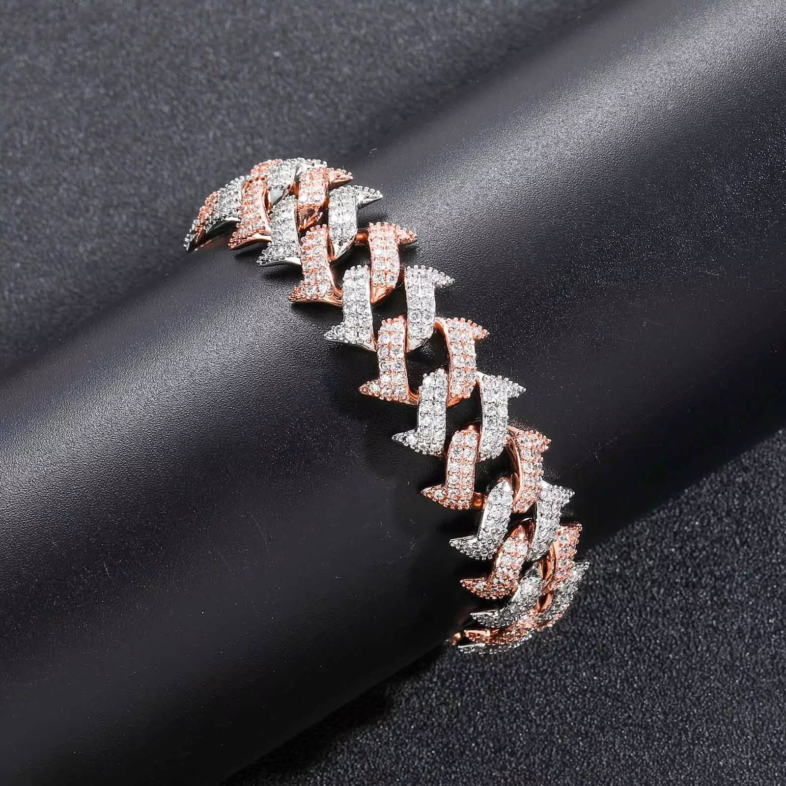 Hip Hop Rap Jewelry 18mm Wide Iced Out CZ Thorns Cuban Bracelet Rhodium and Rose Gold Plated Two Tone Spiked Cuban Link Bracelet