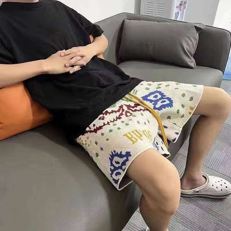 Y2k Cashew Flower Knitted Men Women Drawstring Loose Five Quarter Pant Summer American Vintage High Street Casual Shorts