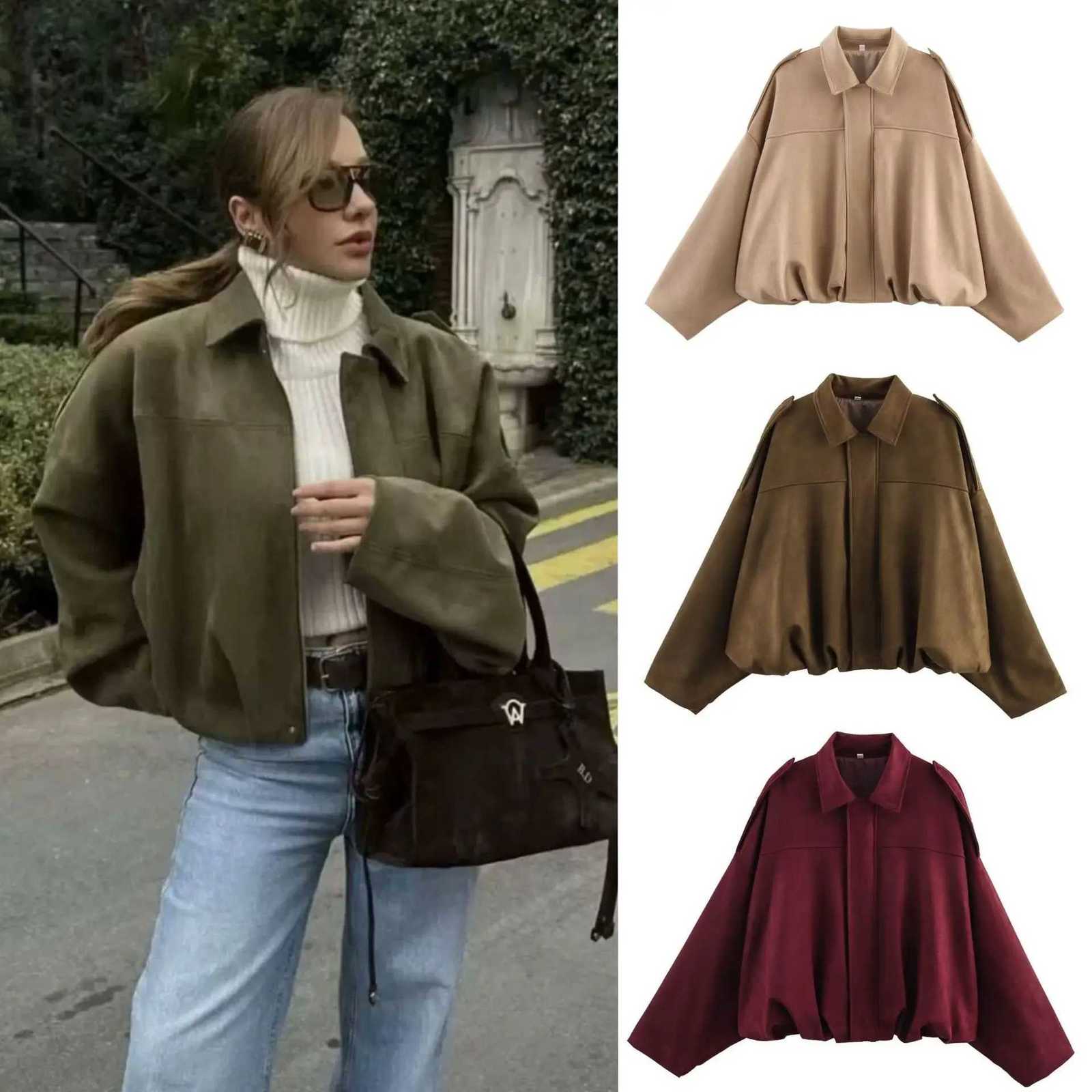 Womens Fashion Pilot Jacket with Bat Sleeves and Zipper Casual TopT260328