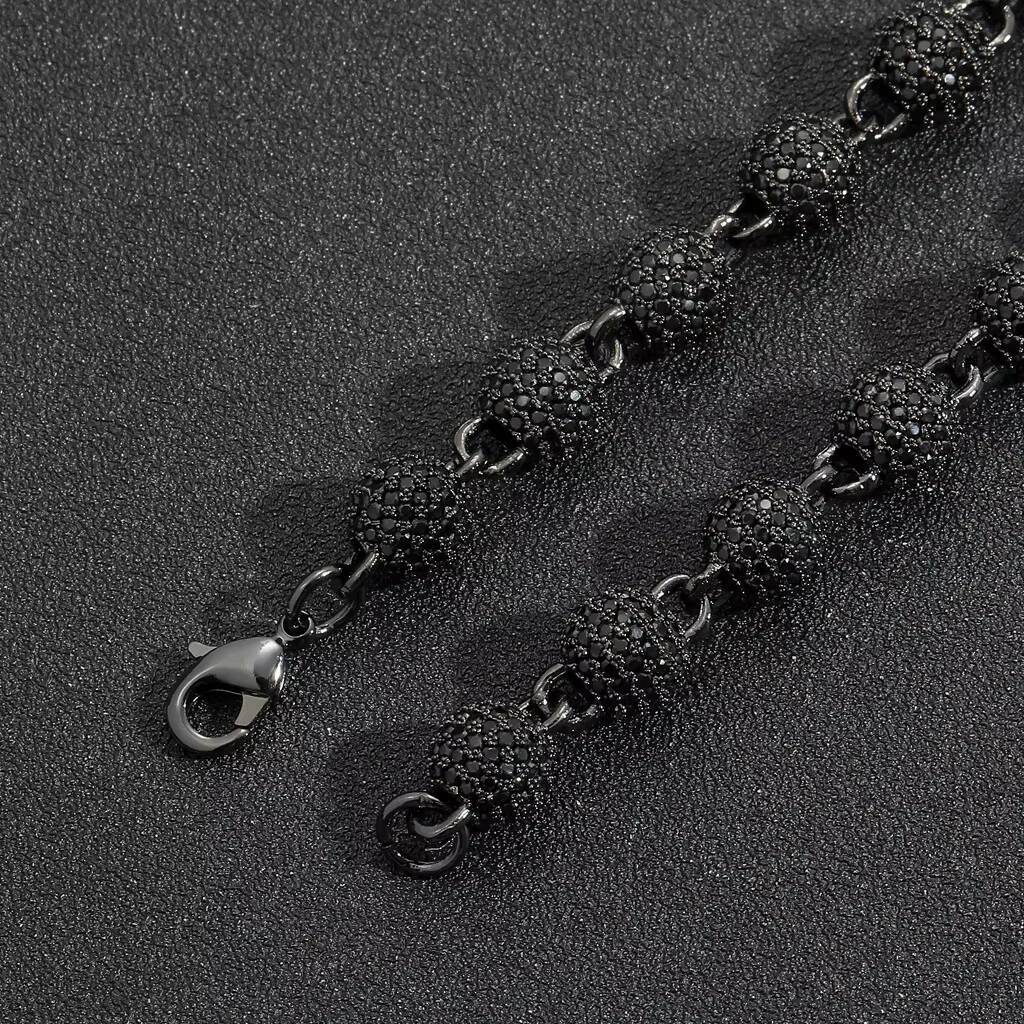New 8mm Black Moissanite round Beads Bracelet Necklace Clavicle Chain Full Mens and Womens Personalized Hip Hop