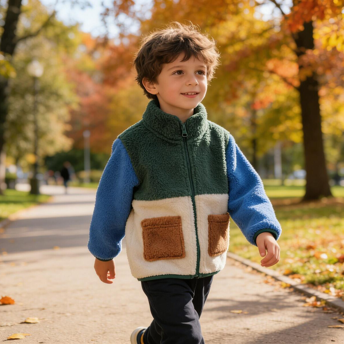 Baby Boys Color Block Sherpa Jacket, Green Blue Beige Fleece Zip-Up Coat with Pockets