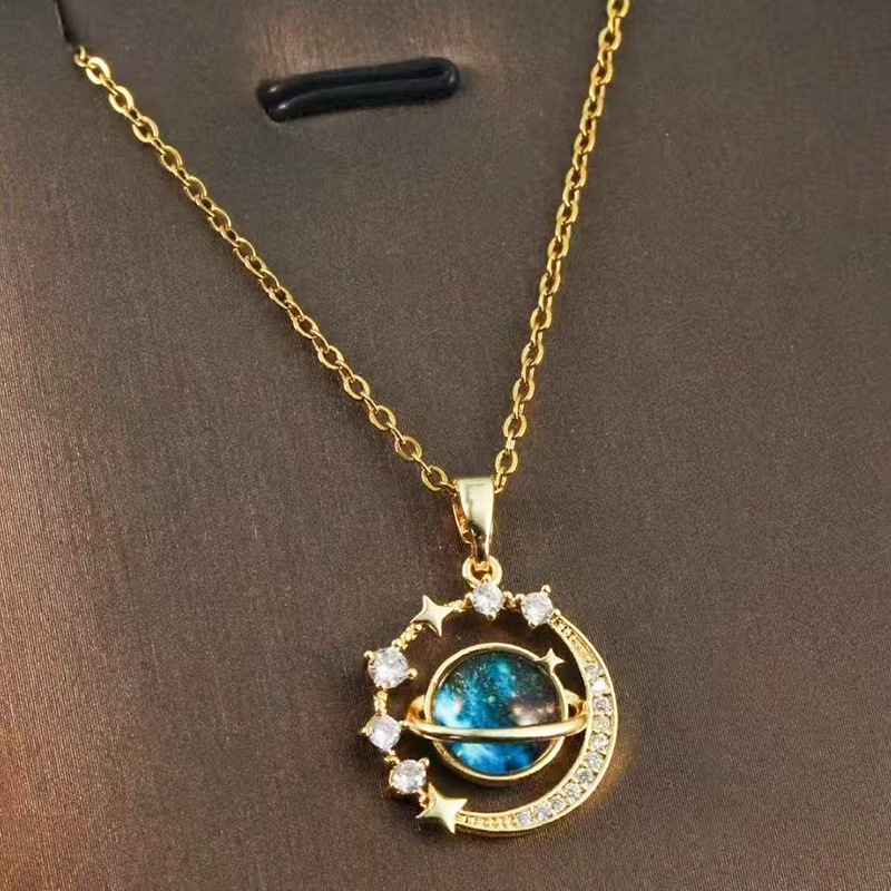 Designer luxury New blue planet star and moon light luxury micro-inlaid zircon necklace with a fashionable design, niche women's collarbone chain