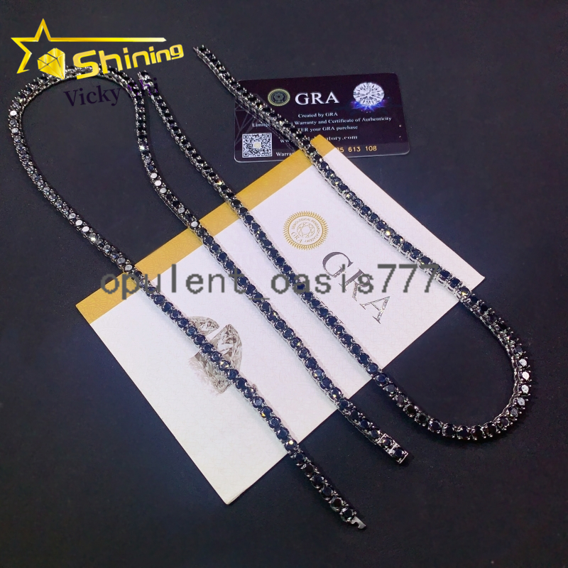 Factory Price Pass Diamond Tester 925 silver 925 silver 925 silver 5mm Black Moissanite Tennis Chain Bracelet Necklace