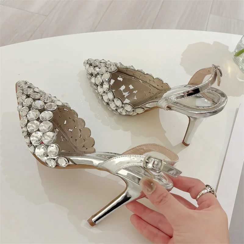 Aneikeh Fashion Stiletto Pumps Summer Silvery Rhinestone Hollow Strap High-heeled Sandals Women Wedding Banquet Shoes Z260330