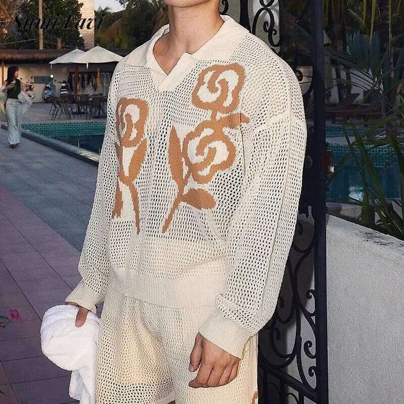 Vacation Seaside Beach Breathable T Shirts Mens Knitting Hollow Out Mesh Pullovers Men Stylish Turn-Down Collar Crochet T-Shirt