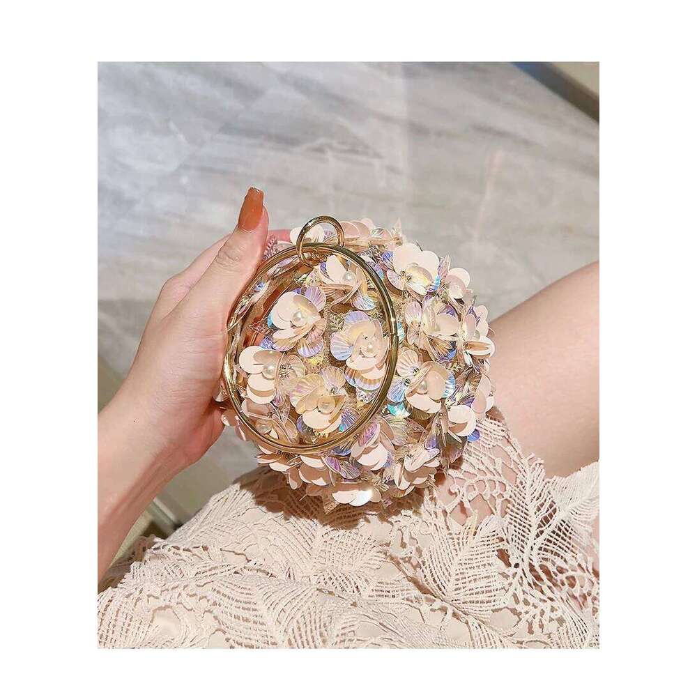 Mini Sequin Flower Evening Bag Elegant Dinner Clutch Purse Formal Round Banquet Handbag For Wedding Party Prom Clutch Bags
