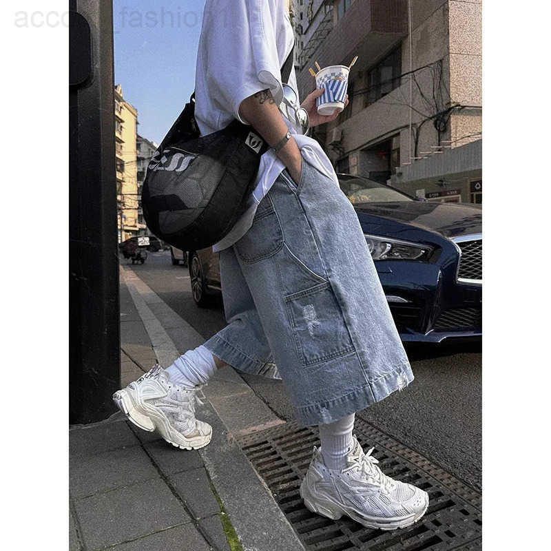 2025 Summer Mens Blue Vintage Y2K 2000s Wide Leg Baggy Casual Denim Shorts Harajuku Aesthetic High Waist Loose Fashion Shorts H260330