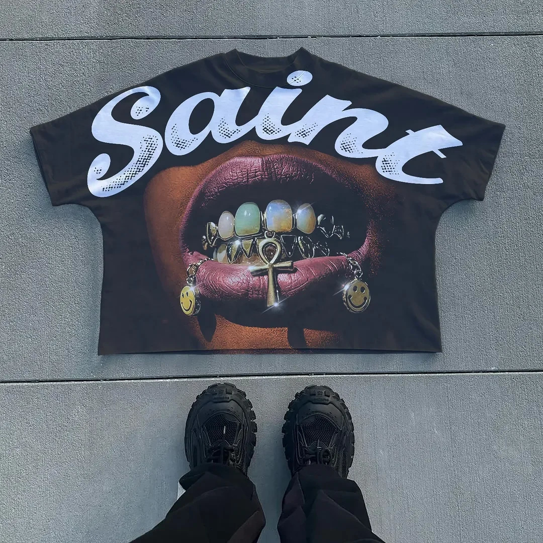 Mens Y2k Oversized T Shirt Lips Print Cotton Streetwear Loose Fit Casual Tee Summer Top Lightweight Comfortable Multiple Colors 260327