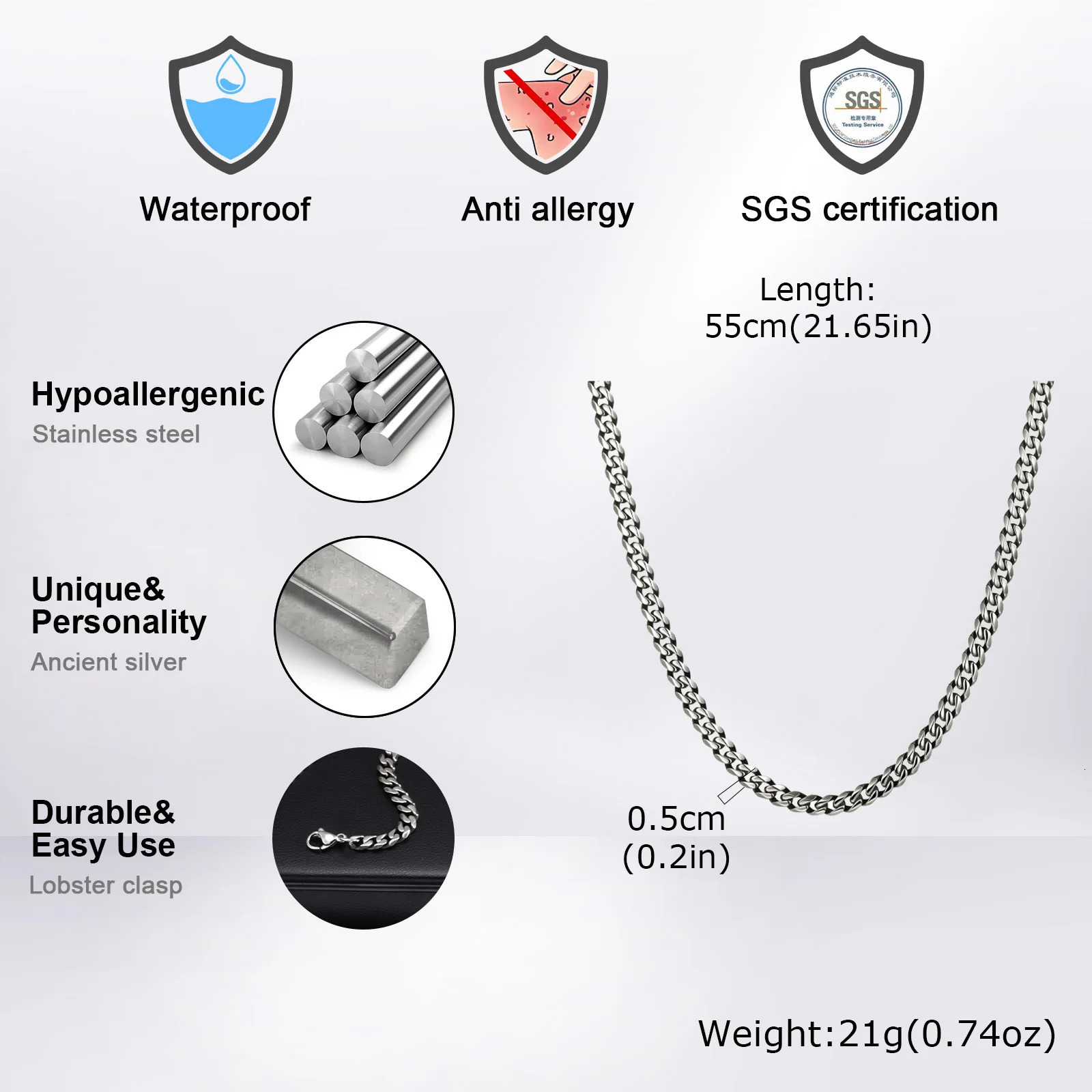 Vintage Chain Necklace for Men Boys357mm Retro Grey Stainless Steel CollarsRock Punk Antique Jewelry Gifts 260327