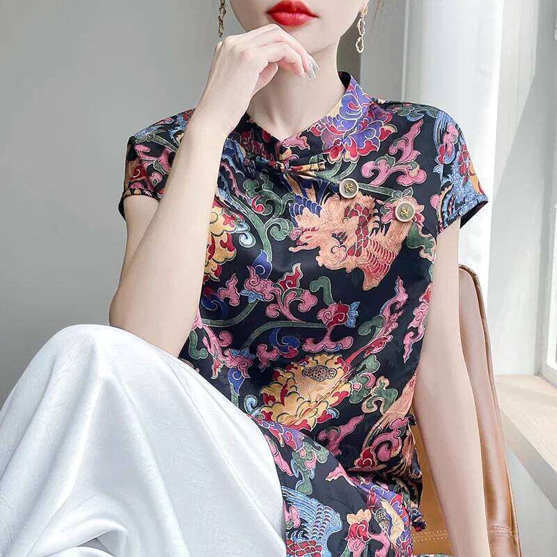 New Chinese Style Long Sleeve Shirt Middle Length Qipao Collar Summer Side Slit Zen Spirit Fashionable Women's Top MAKOUFEI