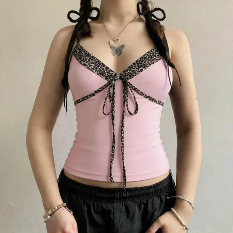 Summer Sexy Aesthetic Streetwear Sleeveless V-Neck top Y2K Pink Leopard Cami Top Womens Slim Tie-Front Spaghetti Strap Crop Top 260327