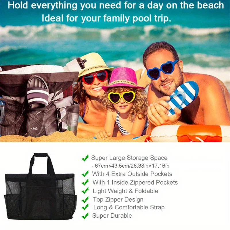 Large Mesh Beach Bag with Multiple Pockets Outdoor Sprots Gym Swimming Storage Bag Travel Picnic Tote Bag260316