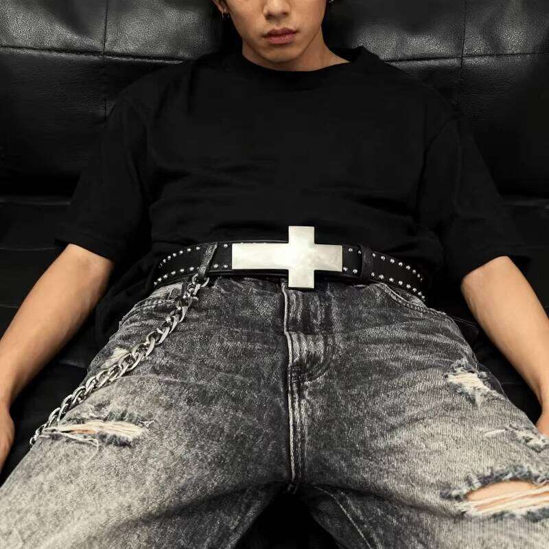 Subculture Harajuku Punk Studded Cross Burst Pattern Hip Hop Street Style Men's Rock Party Music Festival Belt Chunjinqiuli