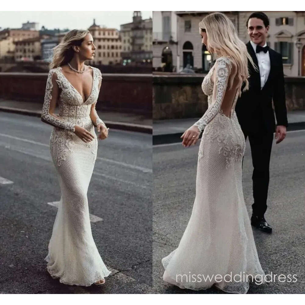 226 Designer Mermaid Wedding Dress With Long Sleeves Chic Ivory Lace Appliqued Bohemian Country Civil Bridal Gowns Sexy Deep V Neck Fitted Robe De Mar
