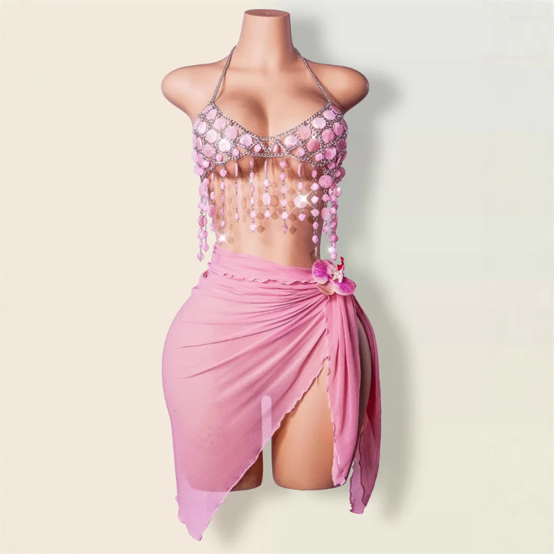 Women's Swimwear Pink PVC Hollow Out Bra Chain Metal Halter Tops Camis Sexy Backless Acrylic Beading Tassel Breast Party Night Clubwear