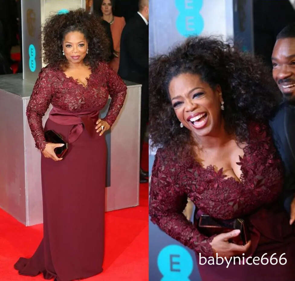 Red Carpet Plus Size Burgundy Oprah Winfrey Sheath V-Neck Long Sleeve Lace Top Sweep Train Evening Dress for Fat Women party gowns