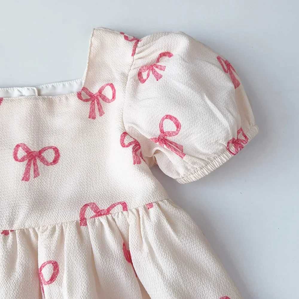 Bear Leader Summer Short Sleeved Girls Casual Dresses Pink Bow Print Square Neck Sweet Princess Dress Daily Simple Kids ClothesT260330