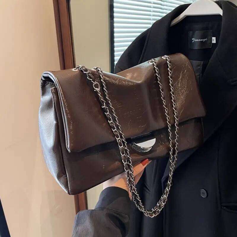 JIAERDI Retro Chain Silver Buckle Tote Women Waxed Leather Texture Large Capacity Shoulder Bag Ladies New Underarm Bags TIANOUDAISHU