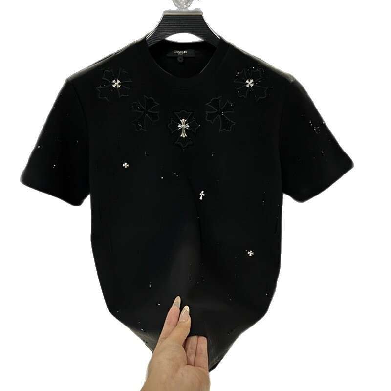 Summer New Men's Short Sleeve T-Shirt, Round Neck, Light Luxury High-End Style with Meteor Applique Embroidery