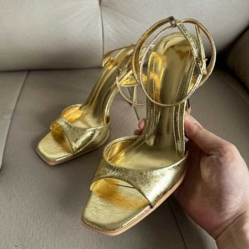 Gold Patent Leather Ankle Buckle High Heeled Sandals Women Sexy Square Toe Open Toe High Heels Summer Fashion Party Office Shoes Z260330