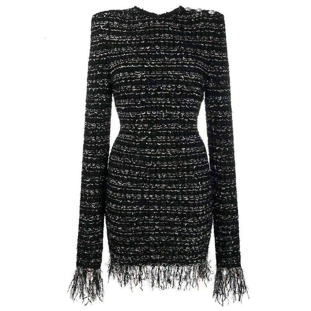 Designer's shiny silk wool tassel e22 long sleeved slim fit short skirt high-quality women's clothing 2026