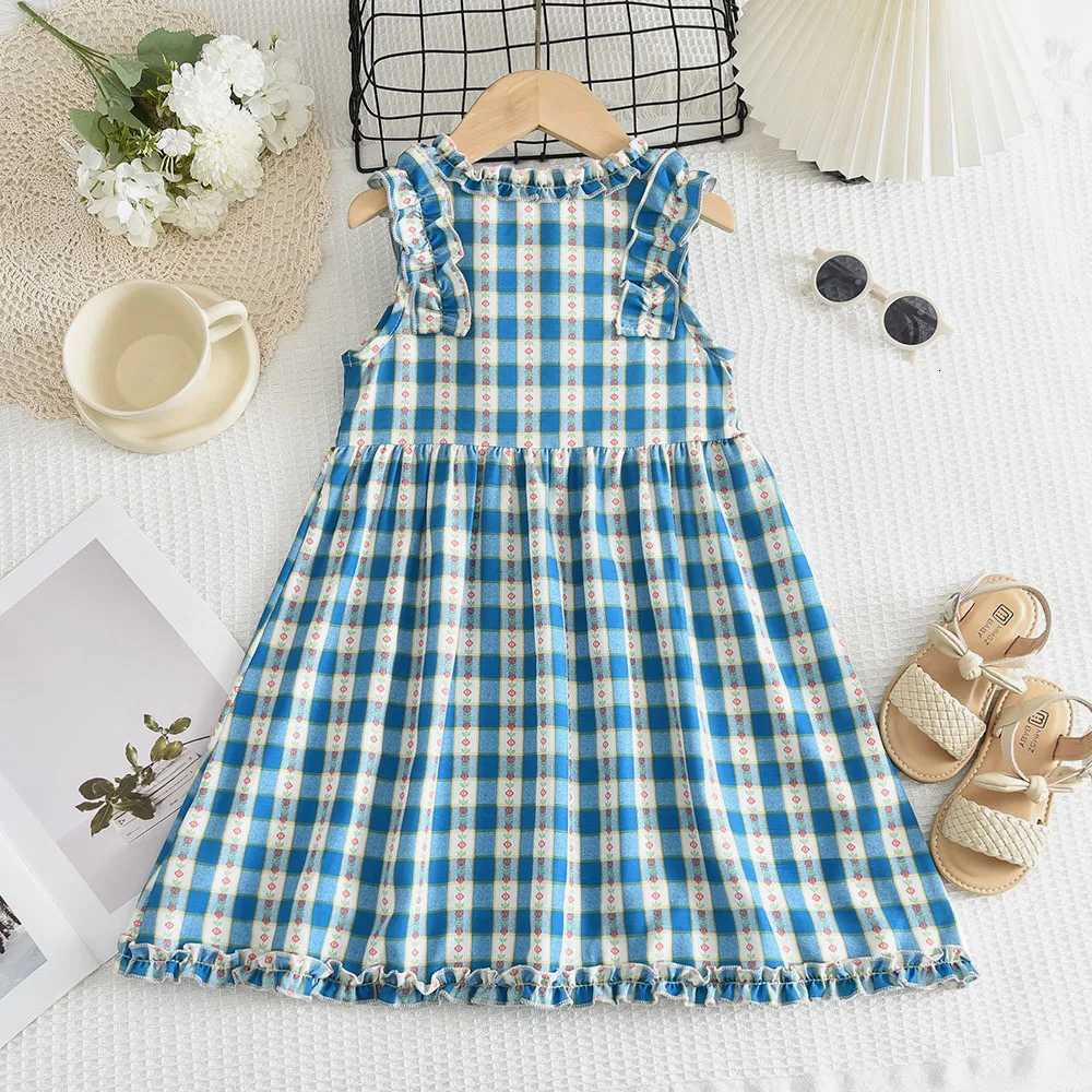 Bear Leader New Girls Flower Print Princess Dresses Wood Ear Edge Plaid Waistband Casual Kids Clothes Fashion Summer WearT260330
