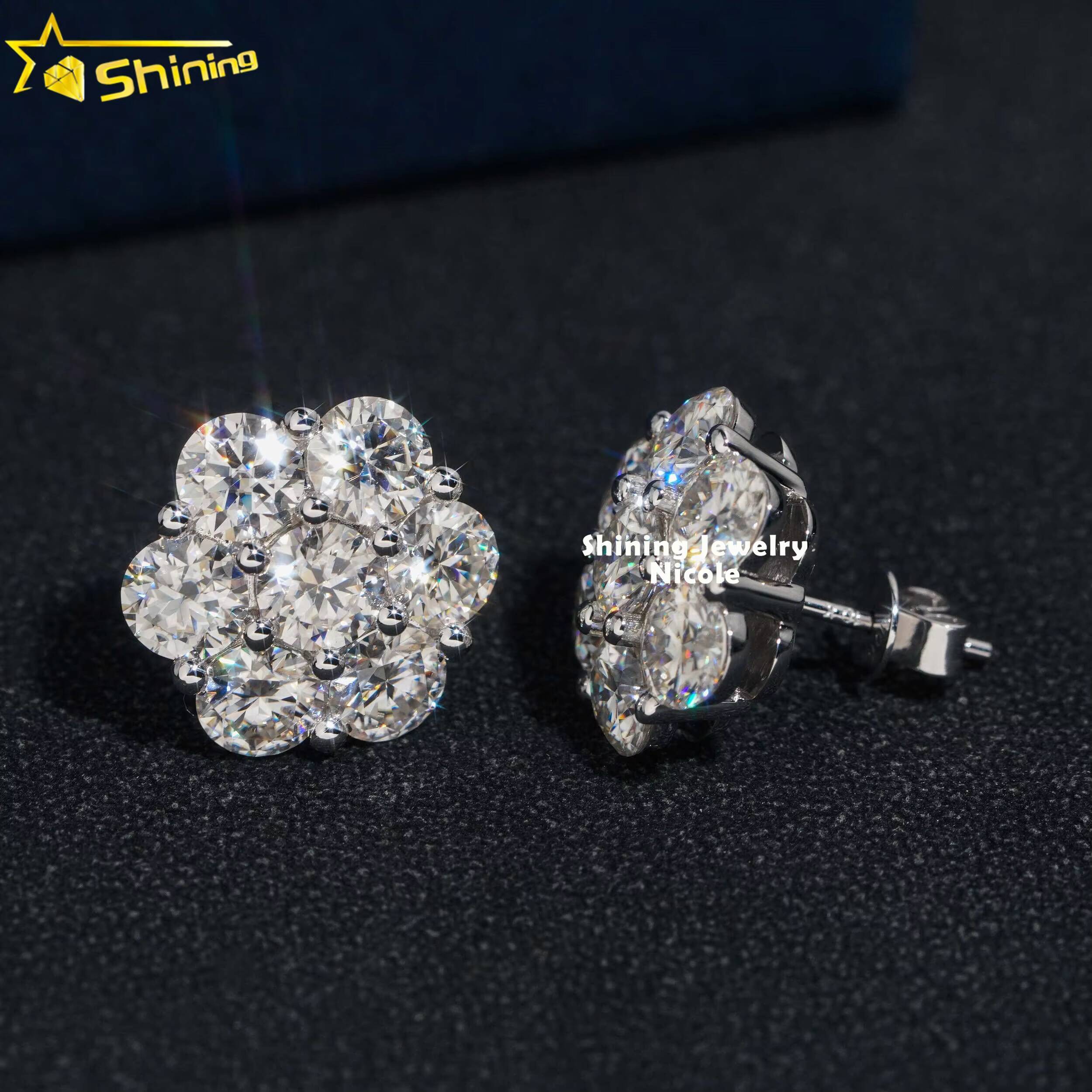 Hip Hop Fashion Iced Out 15MM Width Real 10k Solid Gold VVS Moissanite Flower Earrings for Men