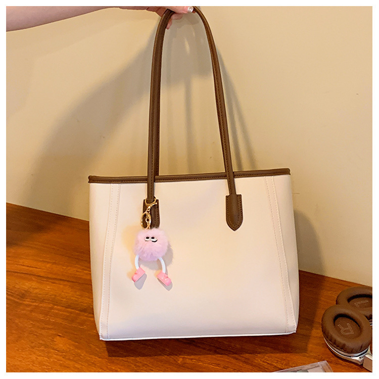 Free Shipping High Value Leather Tote Bag for Women Large Capacity Shoulder Bag Cute Plush Charm Handbag