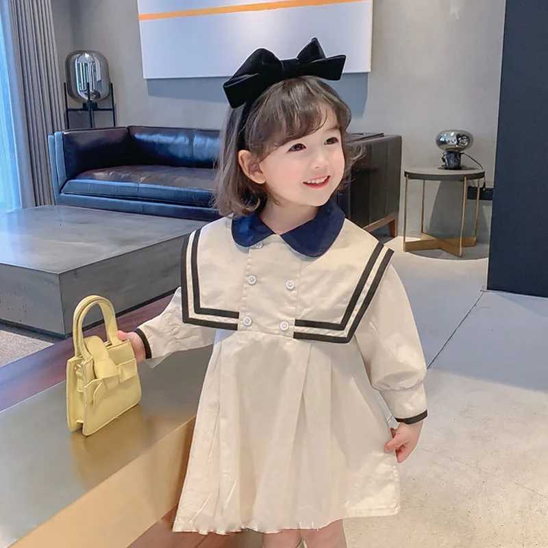 Spring Summer Girls Dress British Style Navy Collar Little Cute Long-Sleeved Student School Dress Baby Kids ChildrenS ClothingT260330
