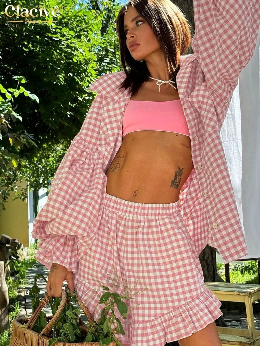 Clacive Fashion Loose Stripe 2 Piece Sets Women Outfit Elegant Long Sleeve Shirt With High Waist Ruffle Shorts Set Female 260326