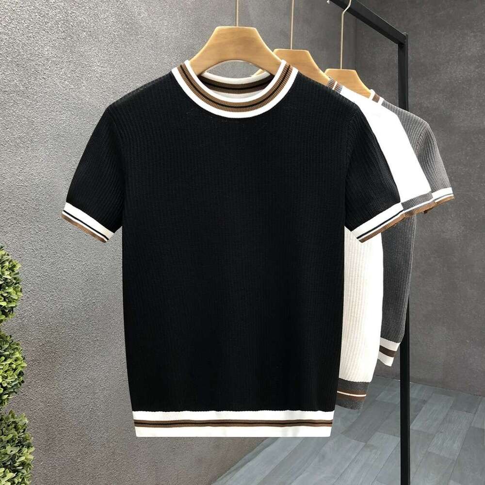 luxury Summer New Style Casual Top, White Round Neck Striped Spring Short Sleeve Sweater, Men's Knit Shirt