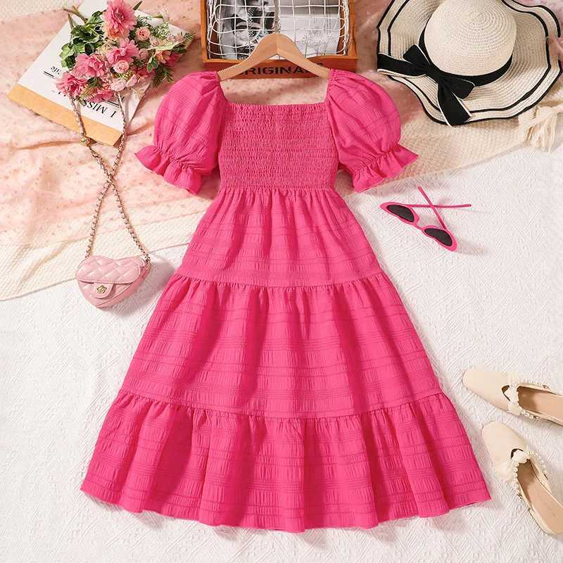 Kids Casual Dress For Girls Clothes Summer 2025 New Children Fashion Short Sleeve High Waist Pink Princess A-Line Dress 7-14YT260330