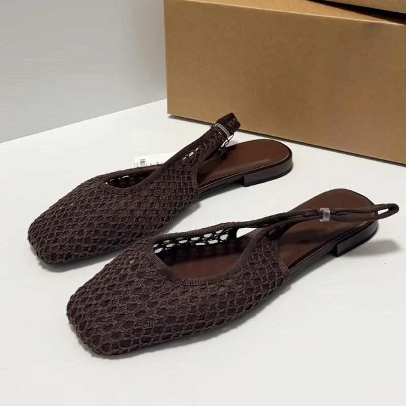 Woven Mesh Hollow Out Women Summer Shoes Square Toe Breathable Slip on Leisure Comfort Vacation Beach Flat Sandals for Ladies 260323