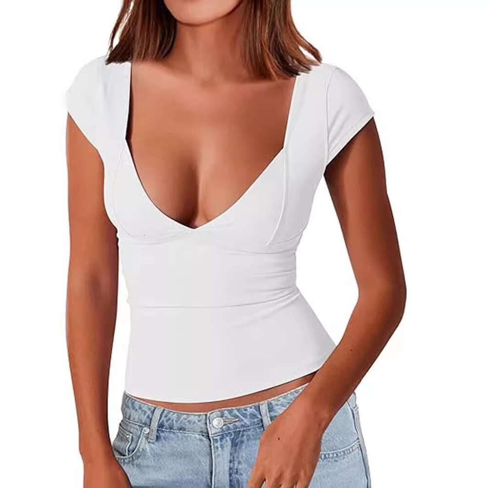 Cross Border Fashion Queen Women S Sexy Deep V Neck Backless Top Short Sleeve Slim Fit T Shirt Basic Style