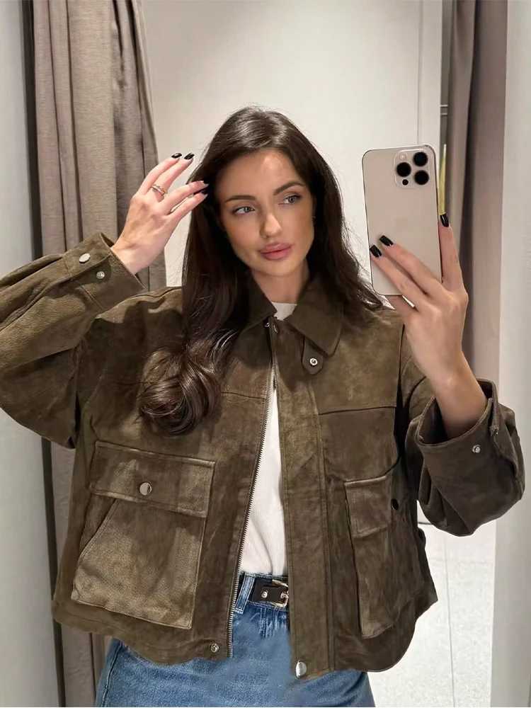 SLTNX Womens Olive Green Suede Jacket Oversized Lapel Coat Long Sleeve Pocket Streetwear Fall Winter OuterwearT260328