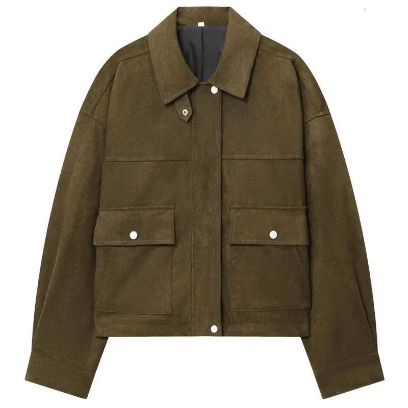 HXAO Green Faux Suede Jacket Womens Bomber Jacket Autumn 2025 New In Coats Jackets Chic Elegant Pockets Long Sleeve OuterwearT260328