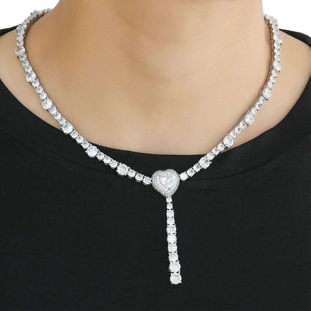 Hip-Hop Heart-Shaped Tennis Chain With Micro-Inlaid Zircon, Simple High-End, Light Luxury, Trendy Necklace For Both Men And Women