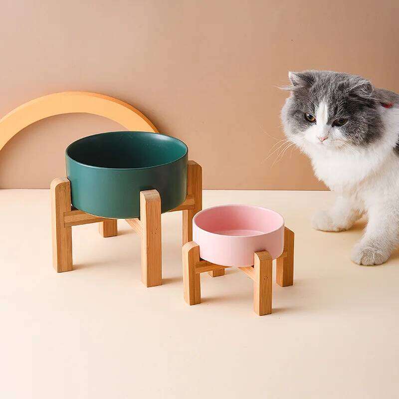 FGG Big Dogs Bowl Double Ceramic Elevated Pet Food Water Feeders Small Medium Large Dog Feeding Supplies with Wooden Stand 26W0330