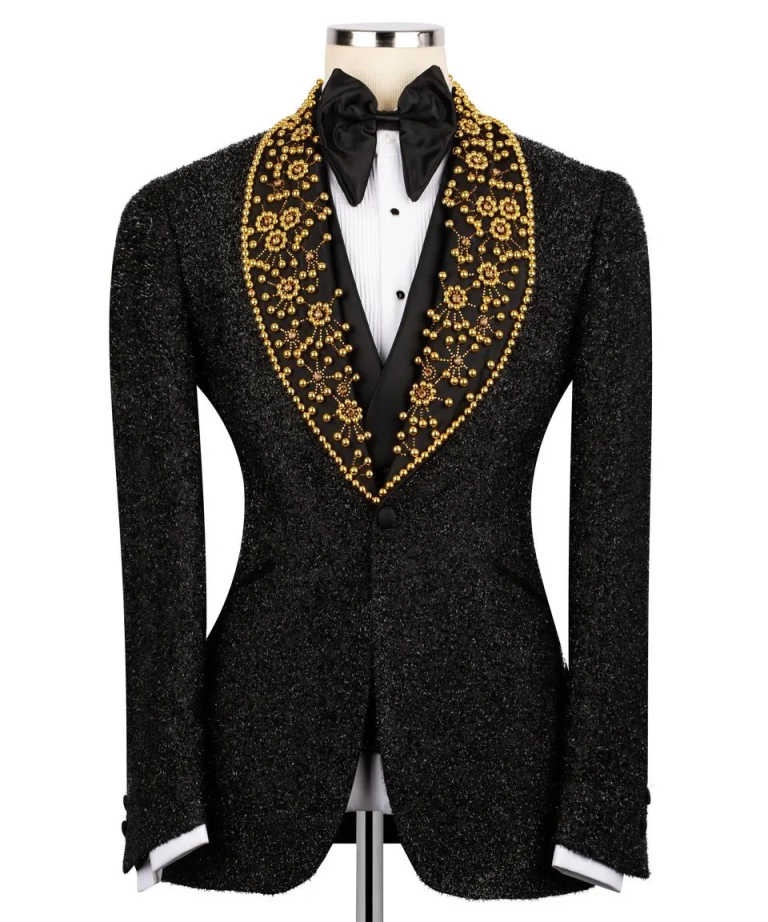 Gold Pearls Black Glitter Groom Wedding Tuxedo Tailored Made 3pcs Blazer Vest Pants Formal Male Prom Party Suit Business