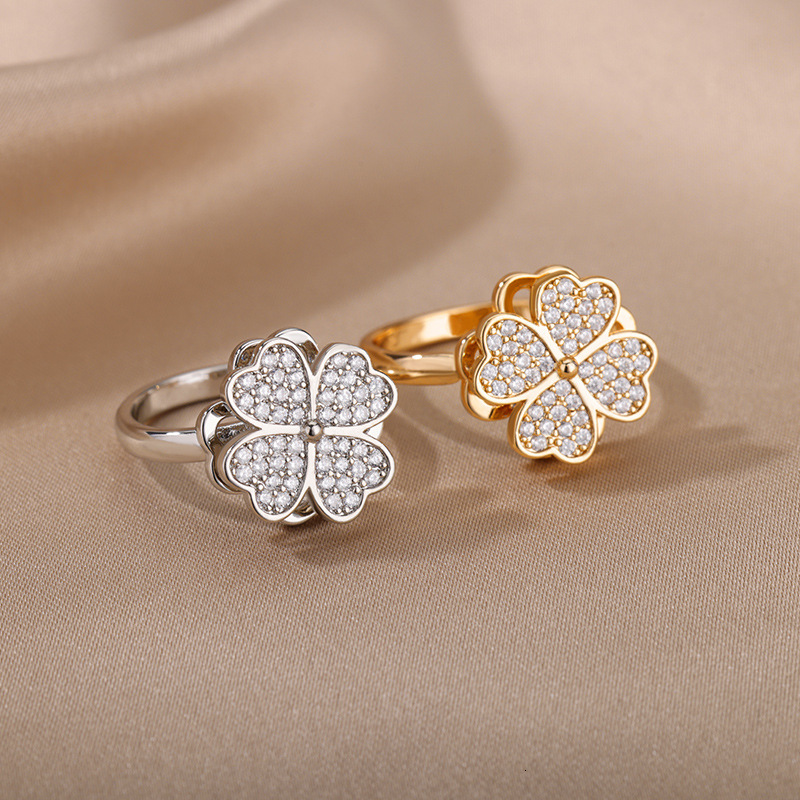 New Rotatable Zircon Flower Open for Women, Unique Design Stress Relief Ring