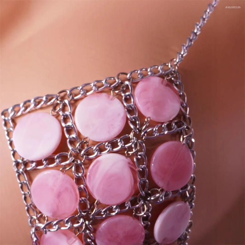 Women's Swimwear Pink PVC Hollow Out Bra Chain Metal Halter Tops Camis Sexy Backless Acrylic Beading Tassel Breast Party Night Clubwear