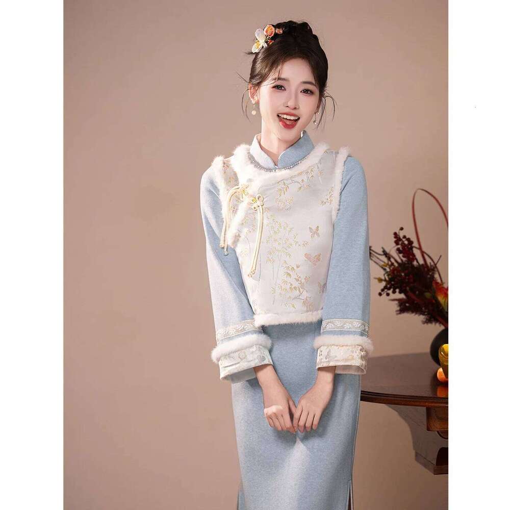 Yourqipao Cheongsam Thicken Velvet New Winter Qipao Evening Dress Women Feather Skirt MAKOUFEI