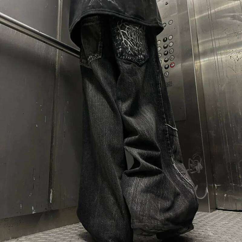Gothic Retro Oversized Baggy Fit Unisex Mopping Pants Y2K Phantom Jeans High Street Spider Embroidered Patch Hip Hop Streetwear 26Y0330