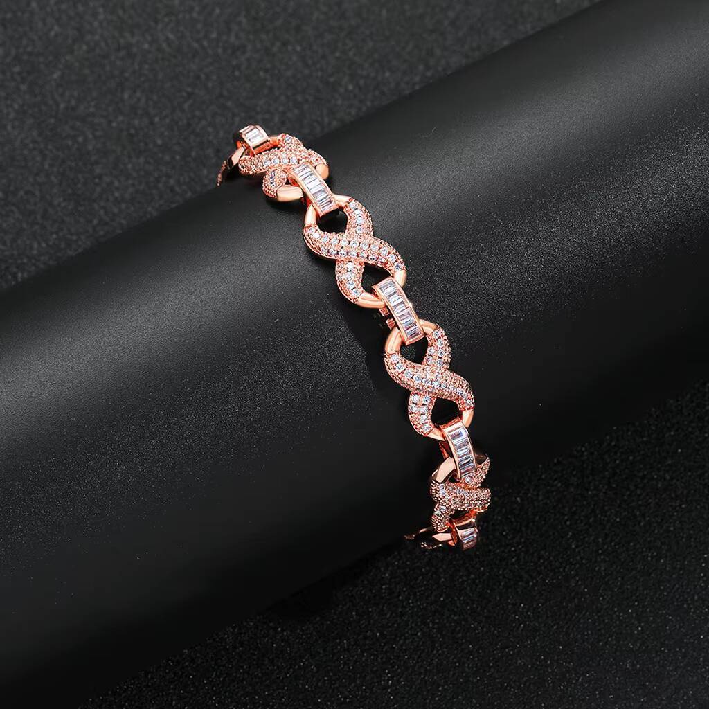 New Trendy Hip Hop Jewelry 10mm Wide Bling CZ Iced Out Infinity Chain Bracelet Rose Gold Plated Infinite Bracelet for Women Men