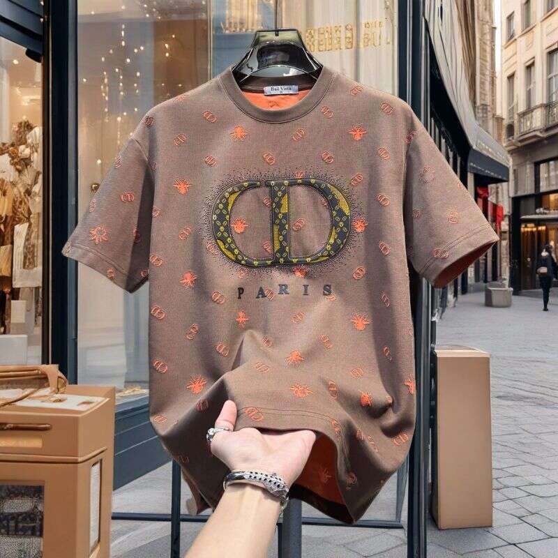 Men's American-style light luxury jacquard full-print round-neck short-sleeve T-shirt, trendy brand luxury new summer European style with rhinest