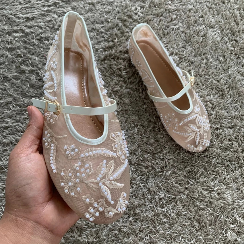 Mesh Embroidery String Bead Design Women Ballet Flats Fashion Buckle Breathable Mary Jane Shoe Comfort Low Heel Soft Flat Sandal 260323