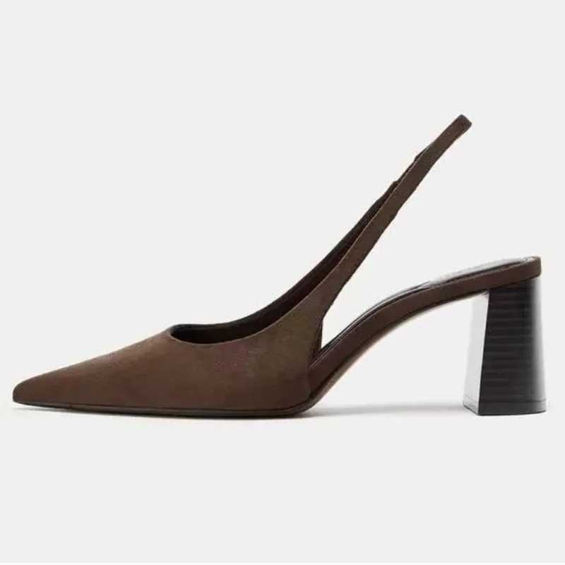High Quality Faux Suede Slingback Pumps Women Retro Brown Pointed Toe Chunky Heel Design Sandals Elegant Commuter Office Shoes Z260330